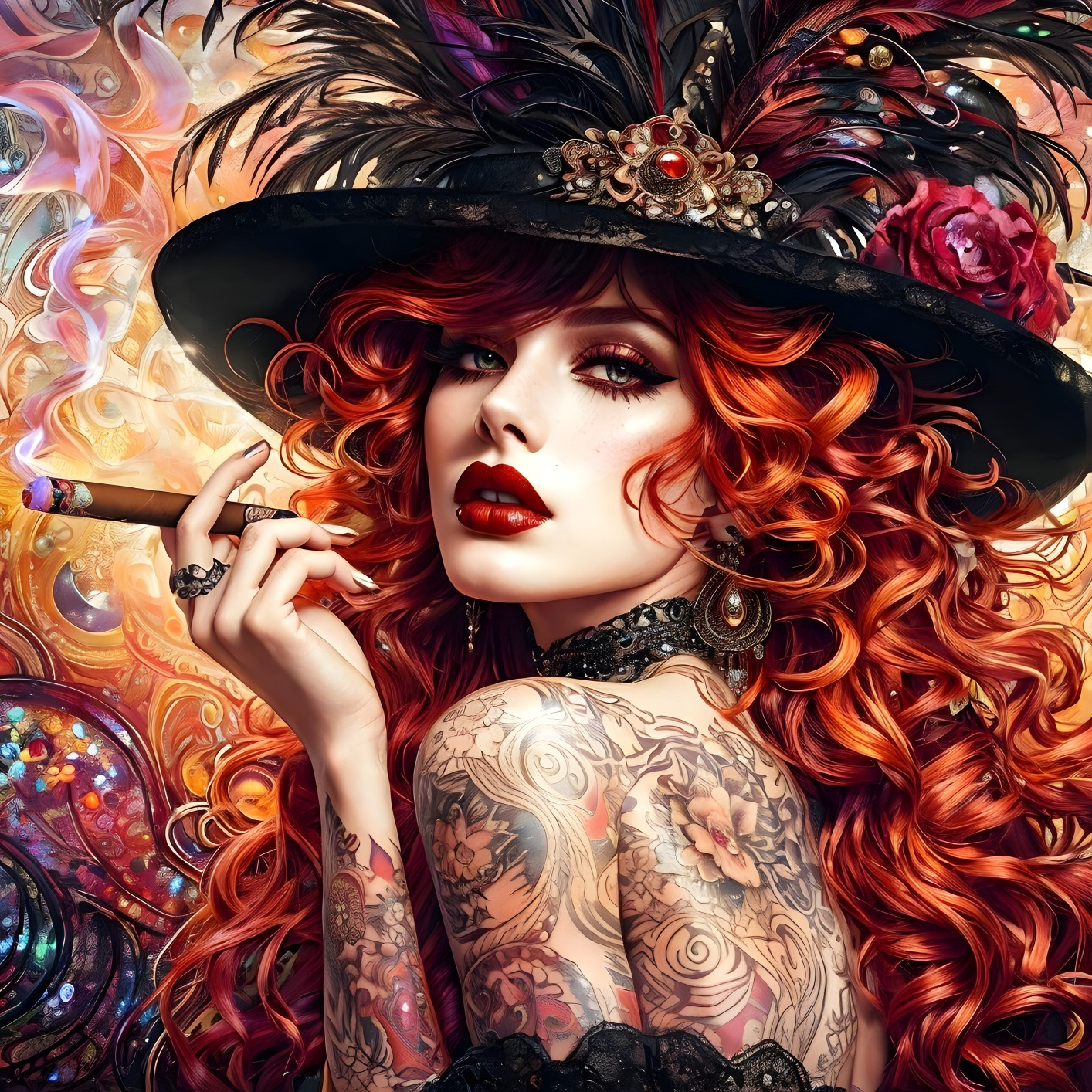 Vibrant Woman with Red Hair and Dramatic Hat