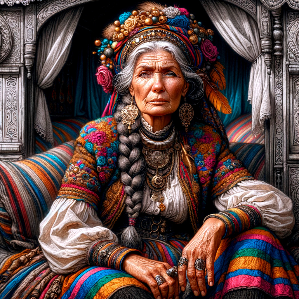 Elderly Woman in Vibrant Traditional Attire and Jewelry