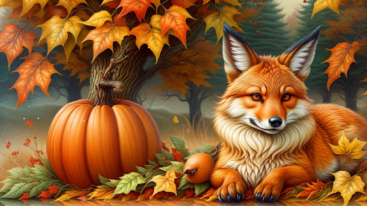 Autumn Scene with Fox and Vibrant Pumpkin