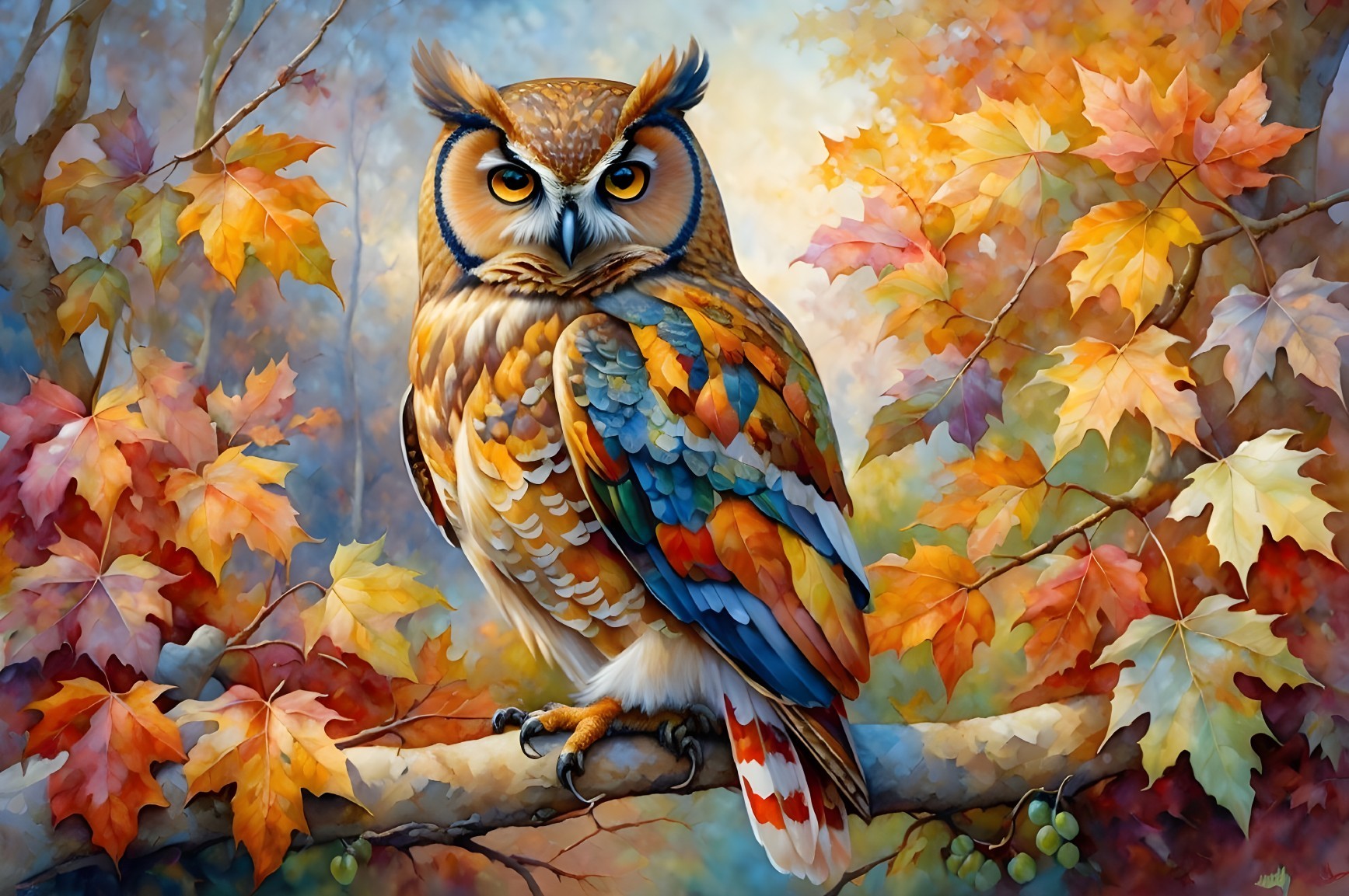 Vibrant Owl Surrounded by Colorful Autumn Leaves