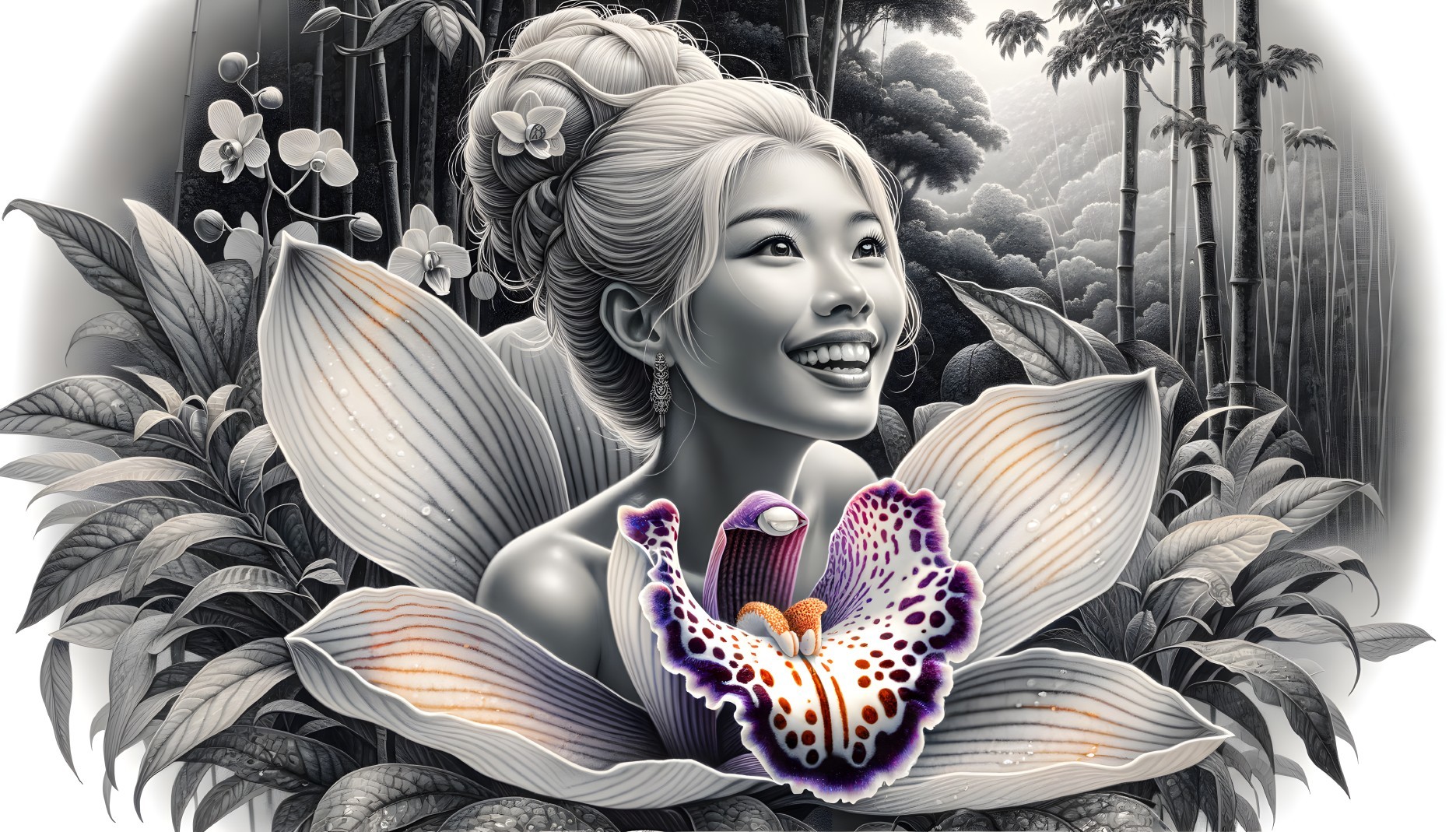 Portrait of a Woman with Orchid in Tropical Setting