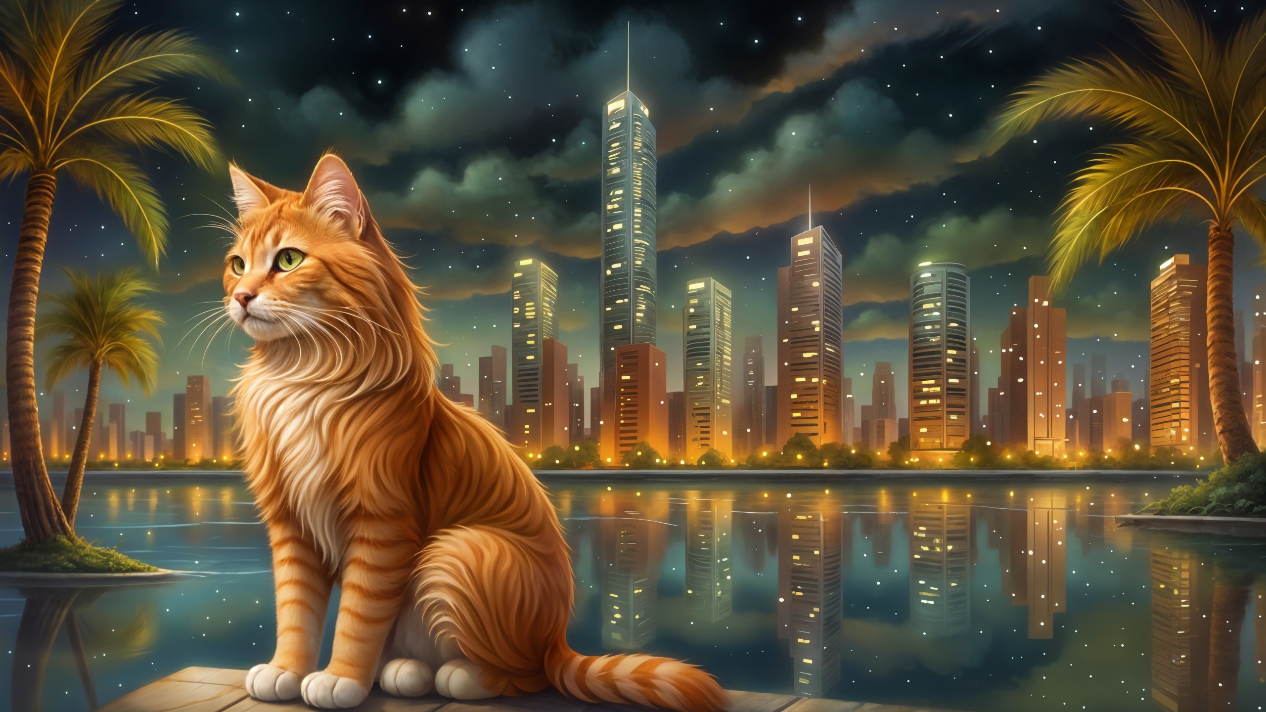 Orange Cat on Dock Overlooking City Skyline at Night