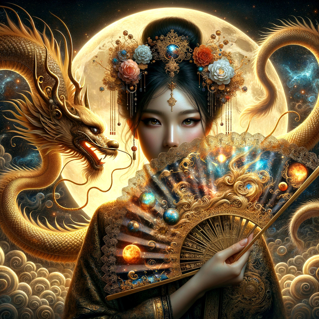 Mystical Scene with Woman, Dragon, and Full Moon