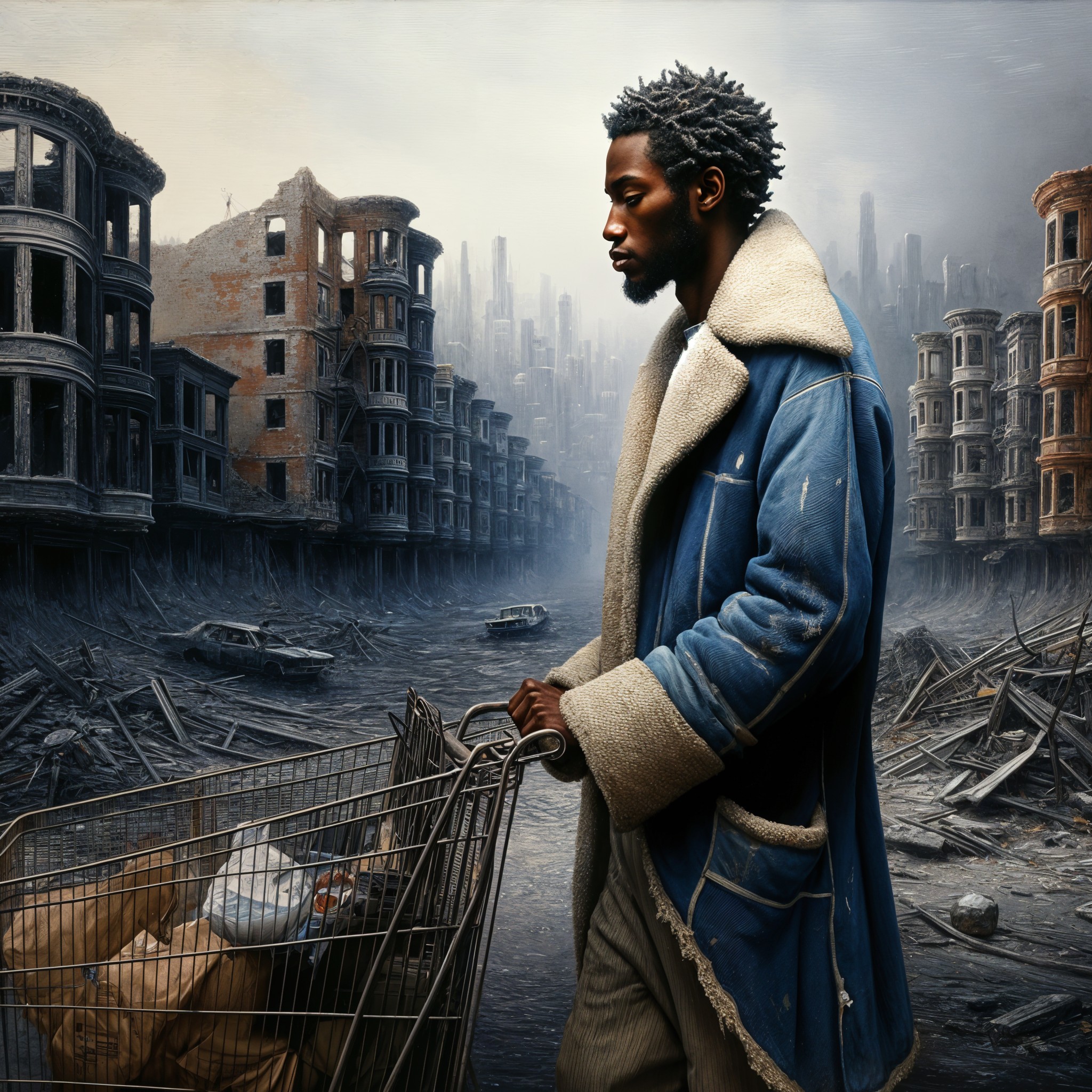 Desolate Urban Landscape with a Man and Shopping Cart