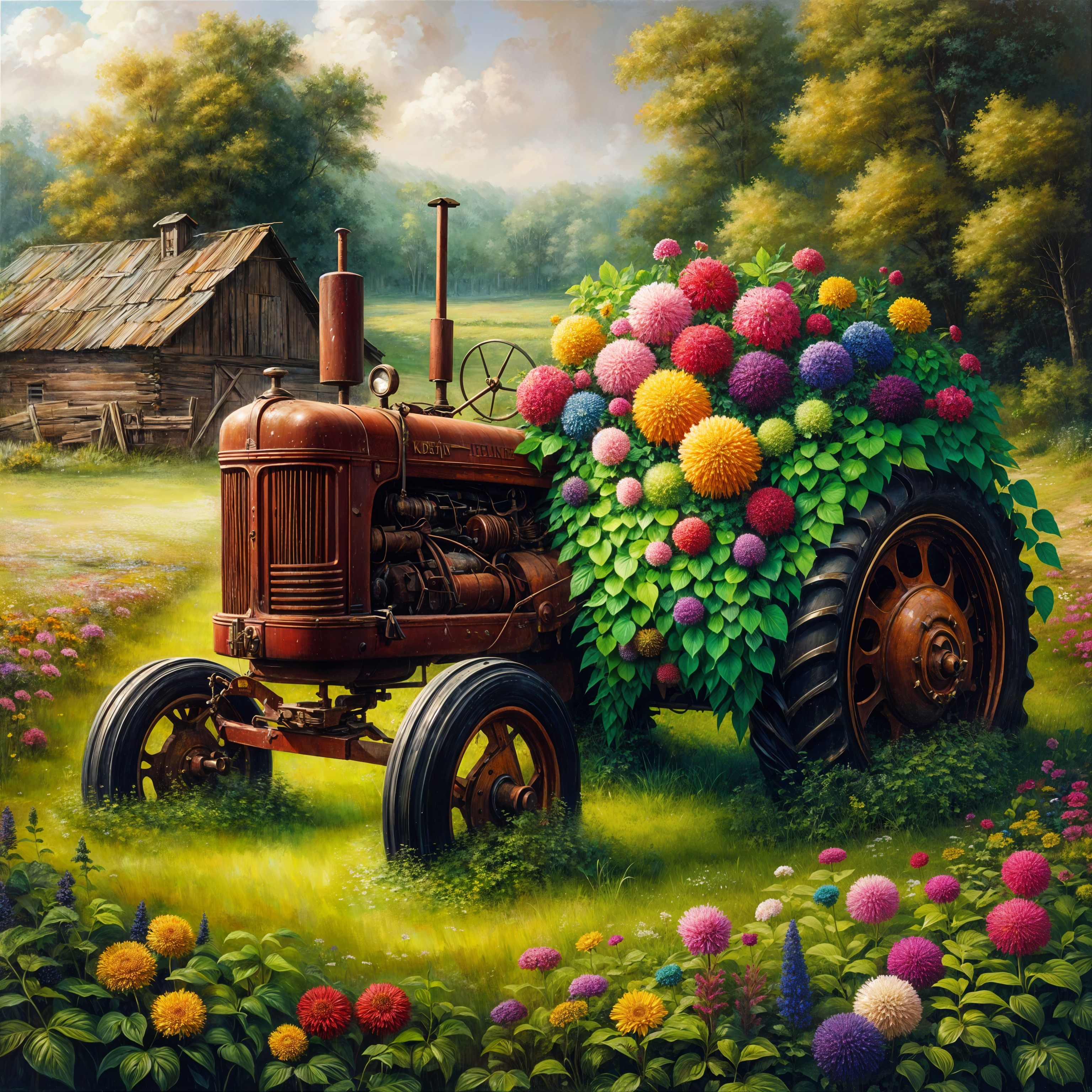 Vintage Tractor in a Flower-filled Rural Landscape