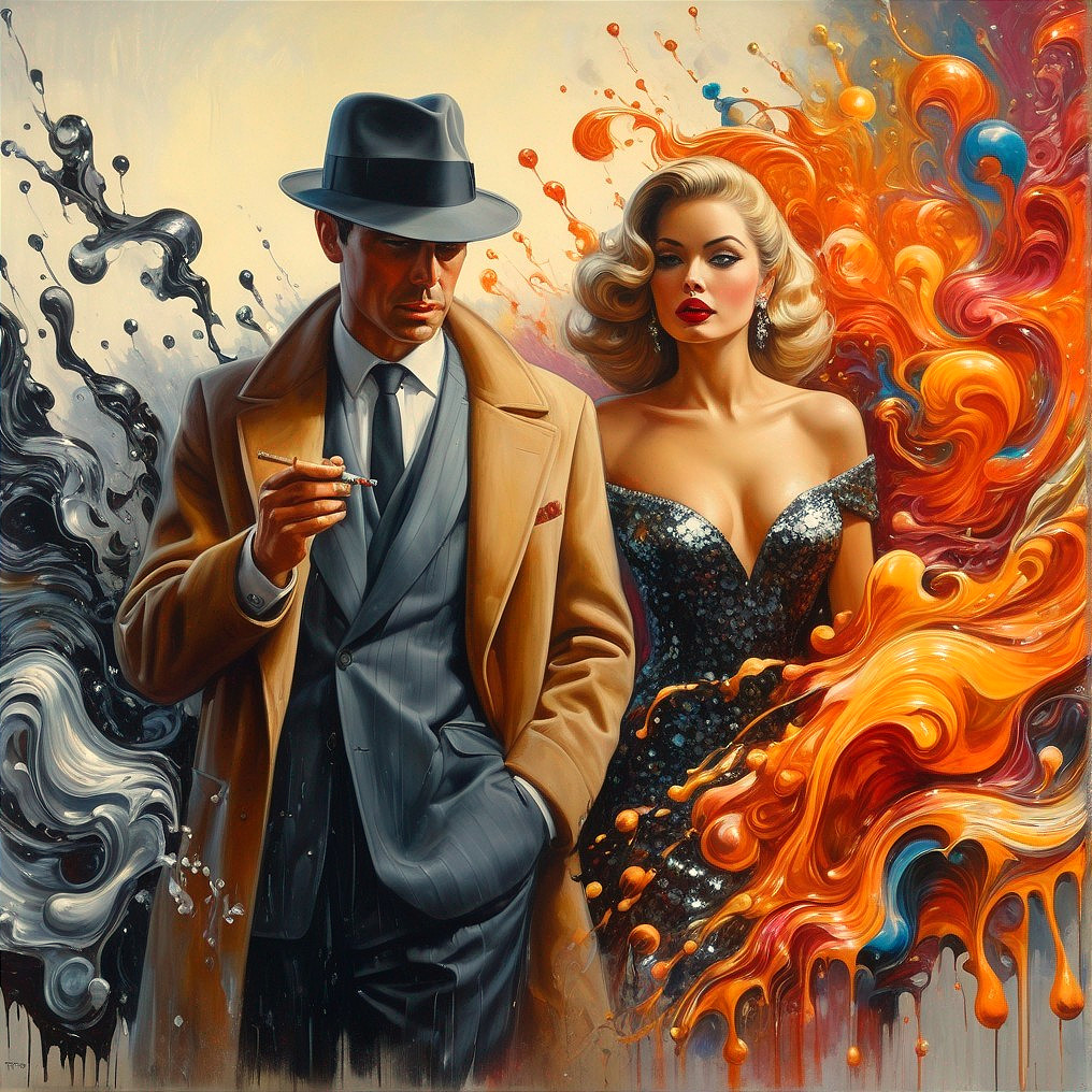 Colorful Abstract Painting of Man and Woman in Hat and Coat with Match