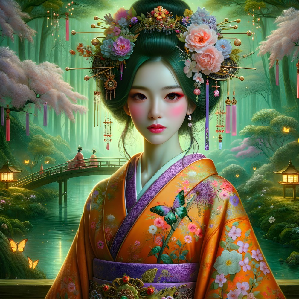 Mystical Forest with Woman in Vibrant Kimono