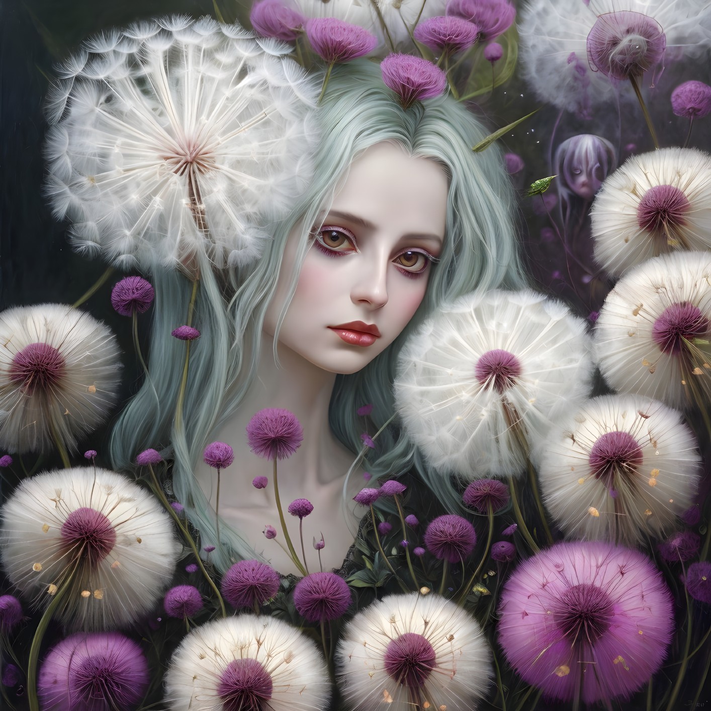 Serene Female Figure Amidst Dandelions and Flowers
