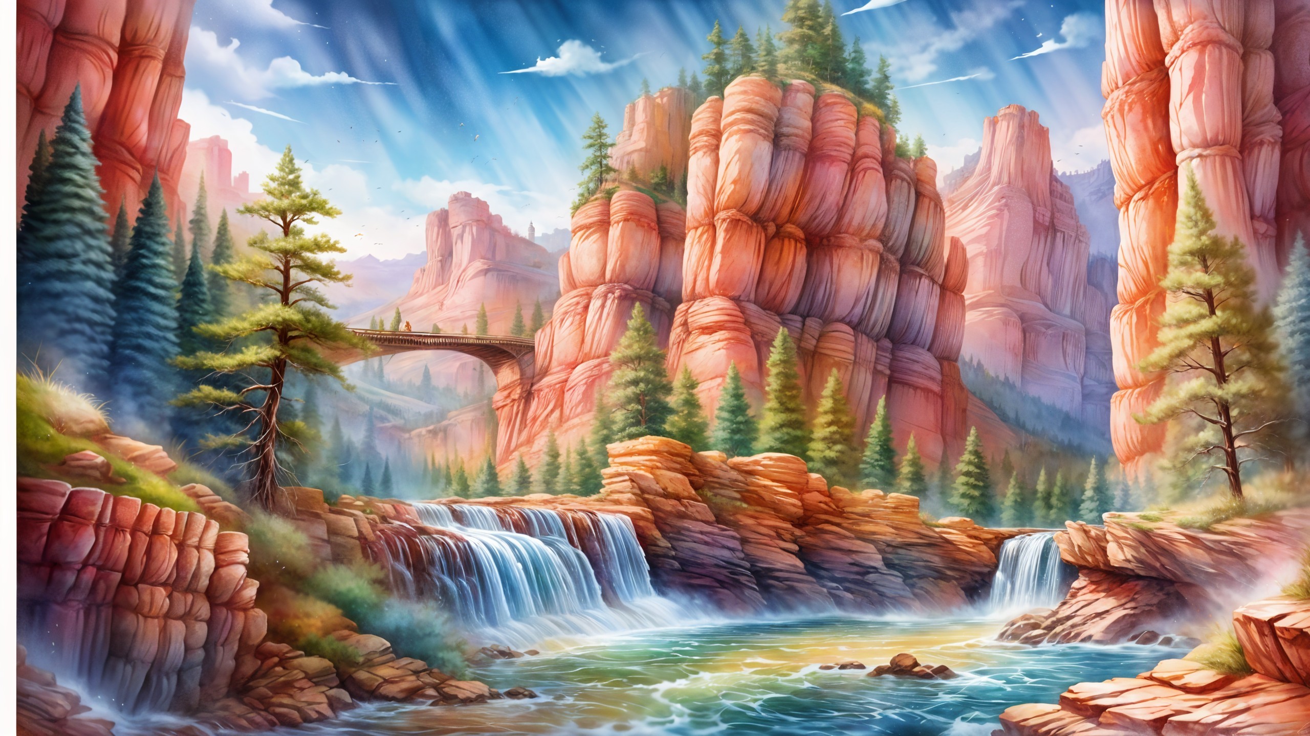 Picturesque Landscape with Red Rocks and Waterfalls