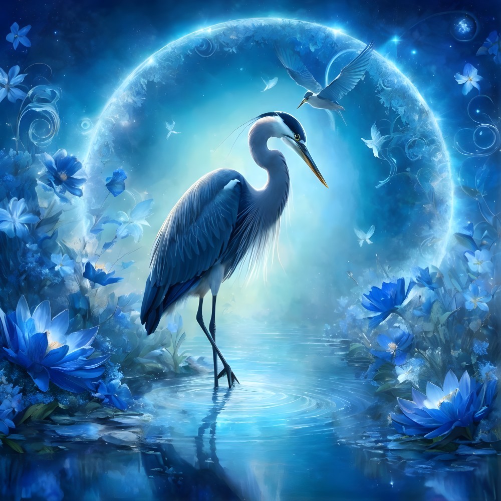 Serene Moonlit Scene with Heron and Butterflies