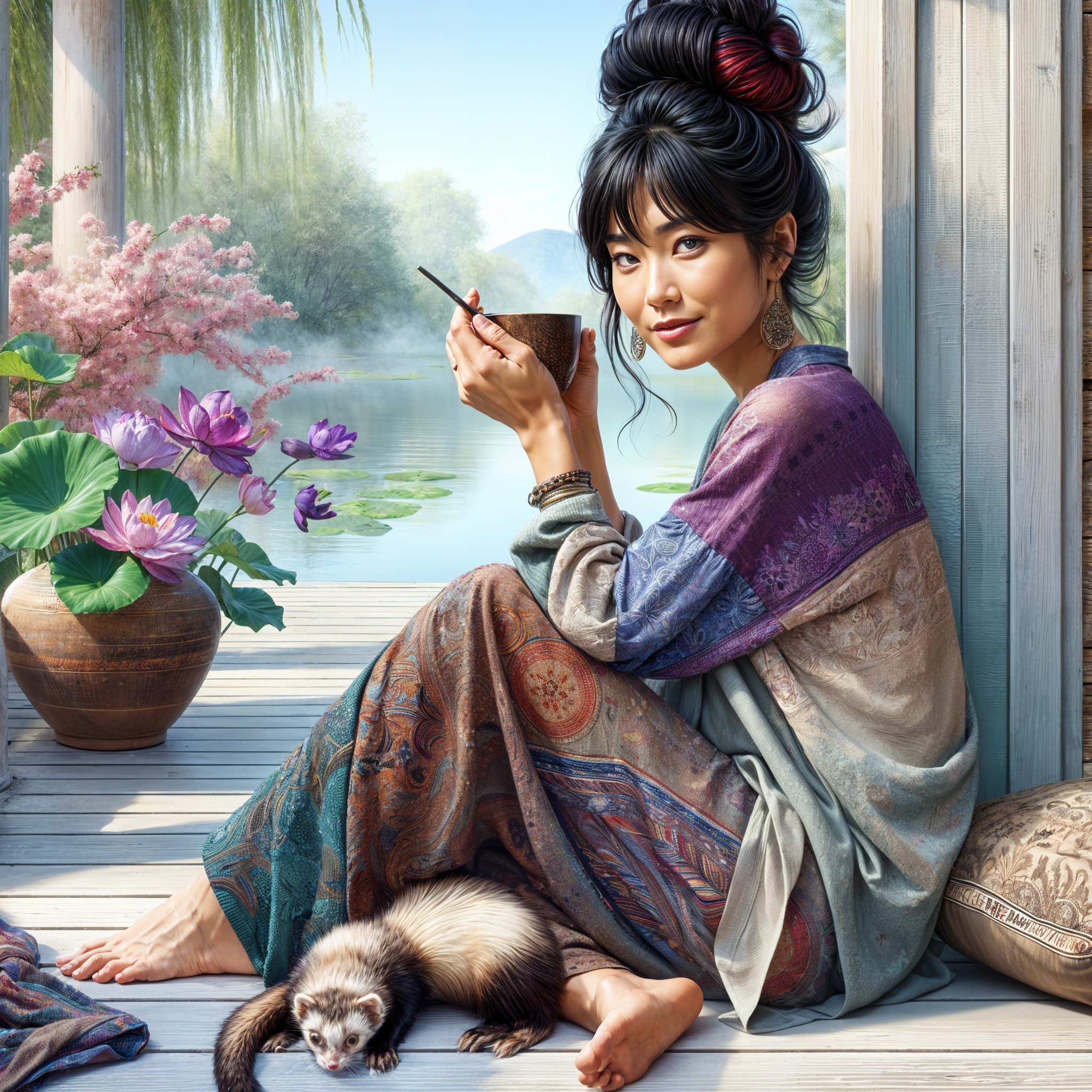 Serene Woman by Tranquil Lakeside with Lotus Flowers