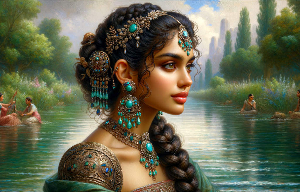 Young woman with ornate hairstyle by serene river