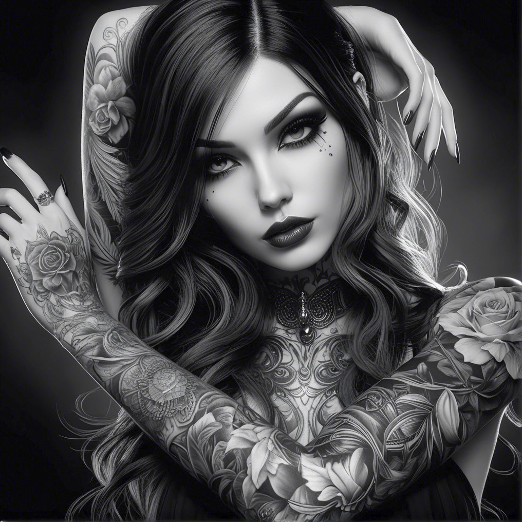Black and White Portrait of a Tattooed Woman