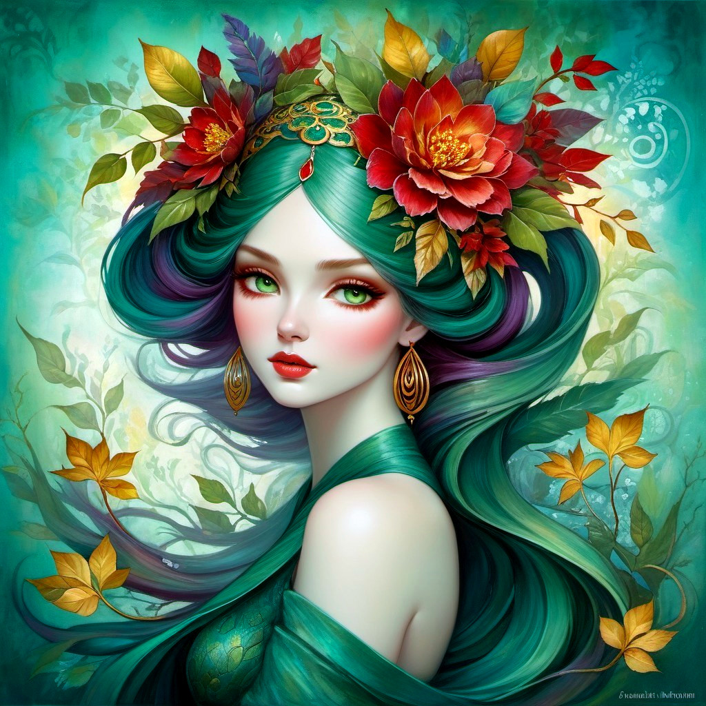 Woman with Teal Hair and Floral Adornments