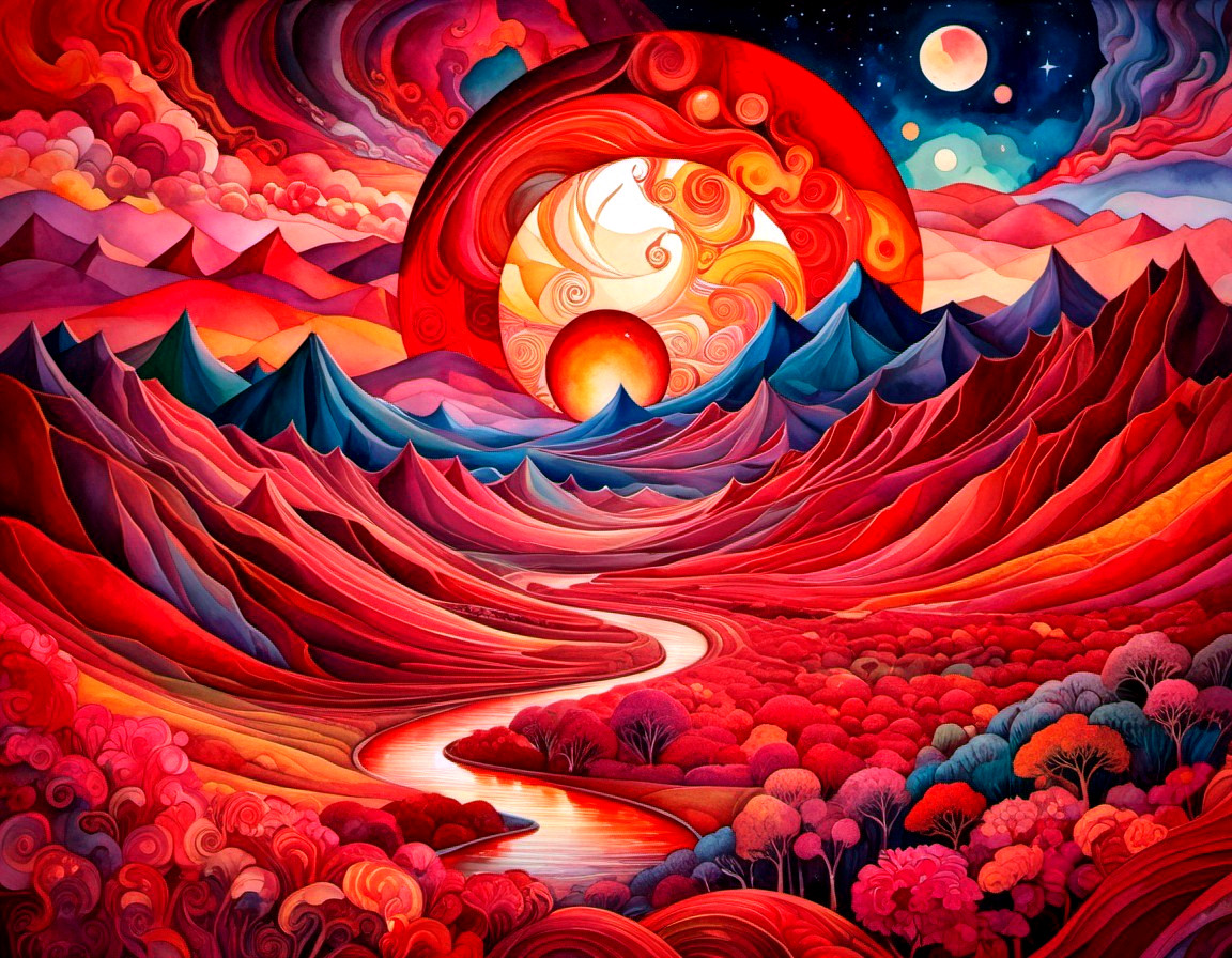 Colorful surreal landscape with swirling skies and river.