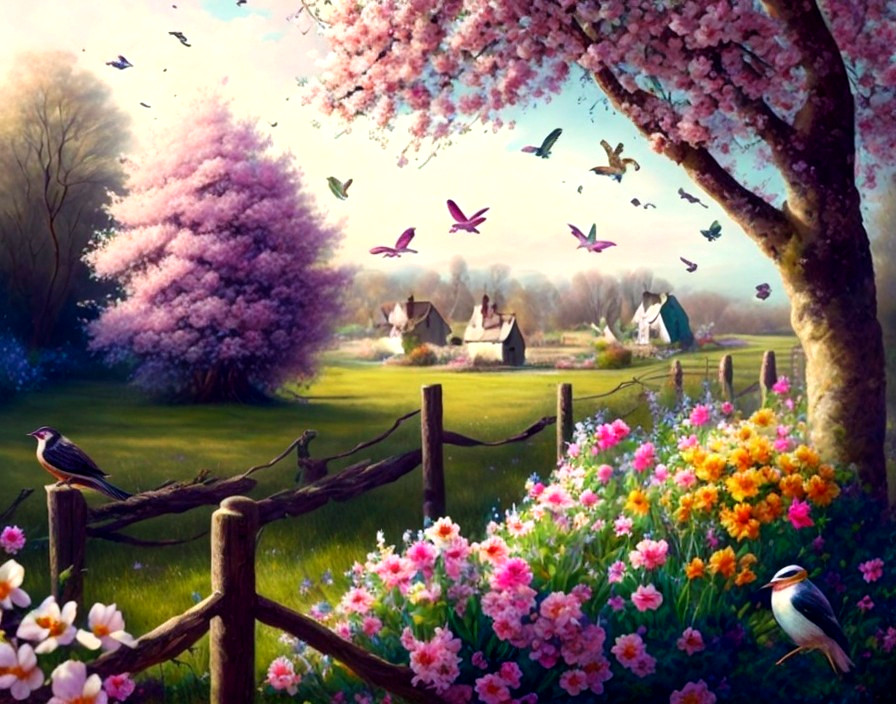 Blooming Cherry Trees in a Vibrant Spring Landscape