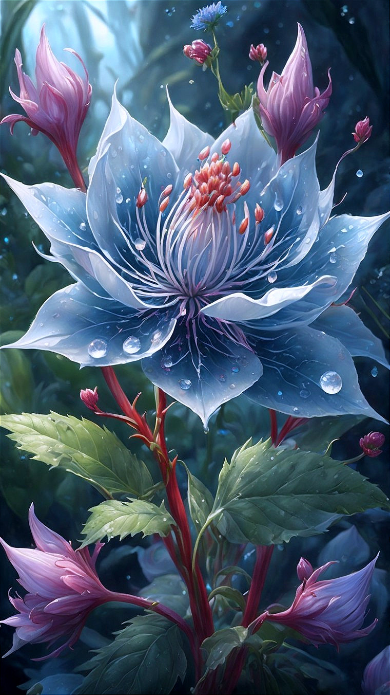 Magical Flower with Translucent Blue Petals and Buds