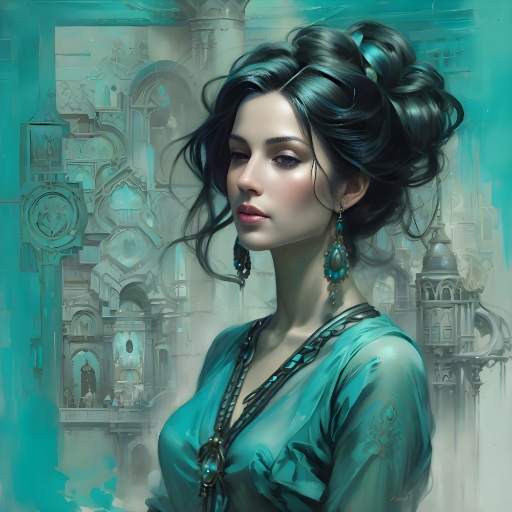 Elegant Portrait of Woman in Turquoise Garment