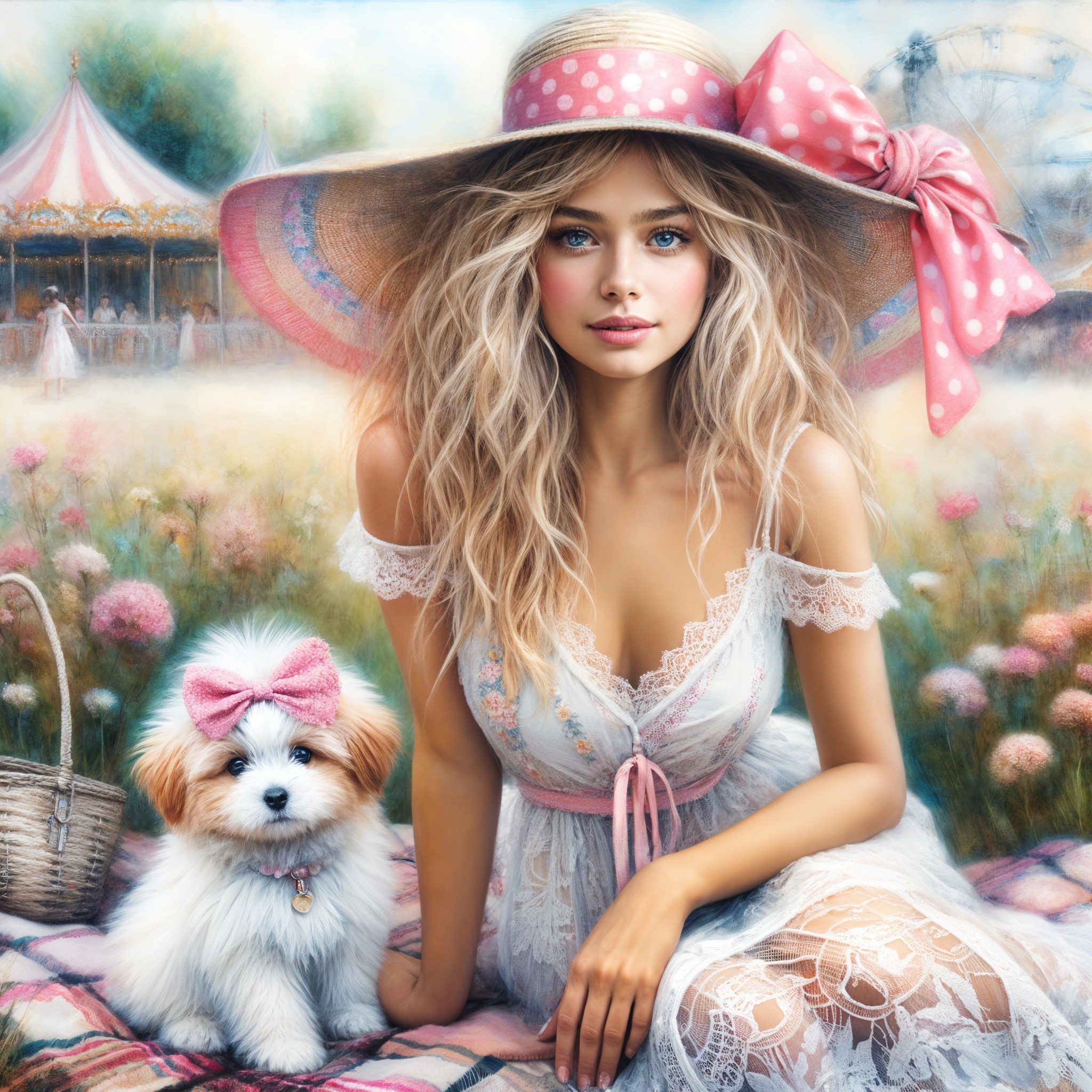 Young Woman in White Dress with Puppy in Sunlit Field