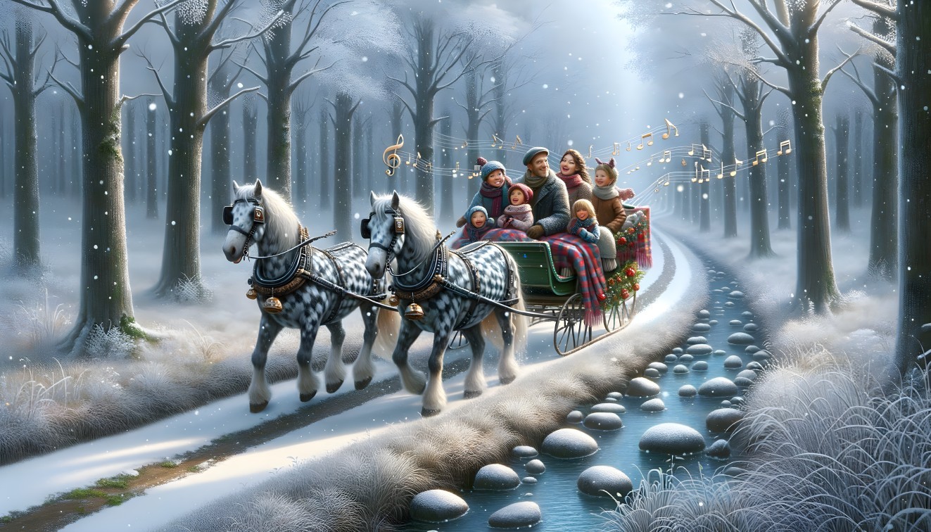 Family enjoying sleigh ride on snowy path with music notes in the air