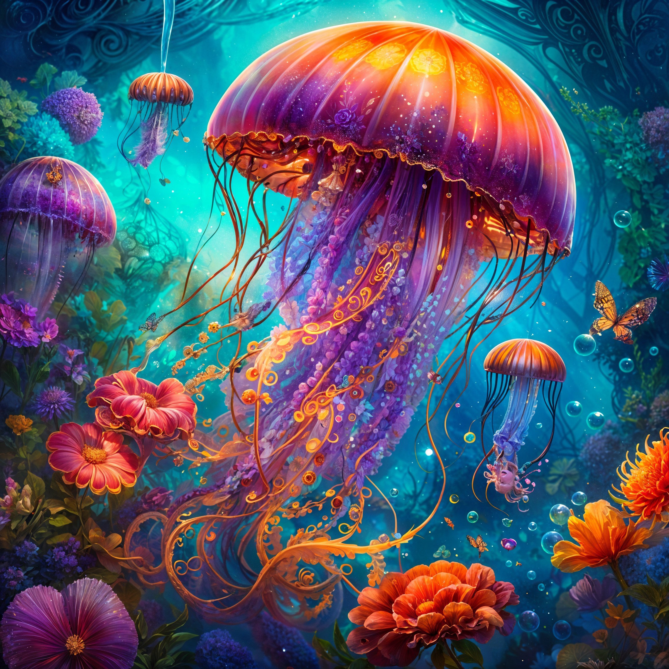 Vibrant Underwater Scene with Jellyfish and Coral