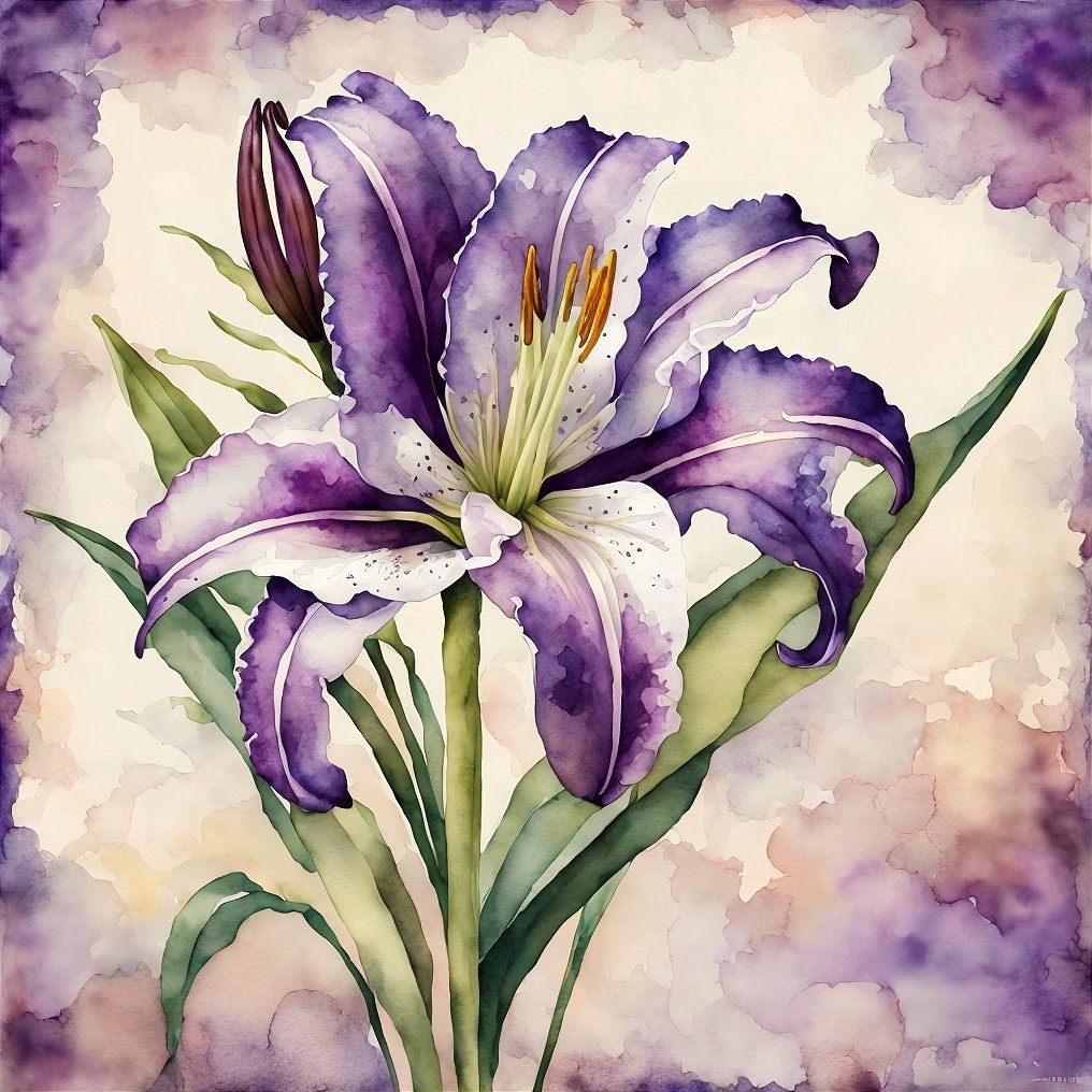 Watercolor Illustration of a Purple and White Lily