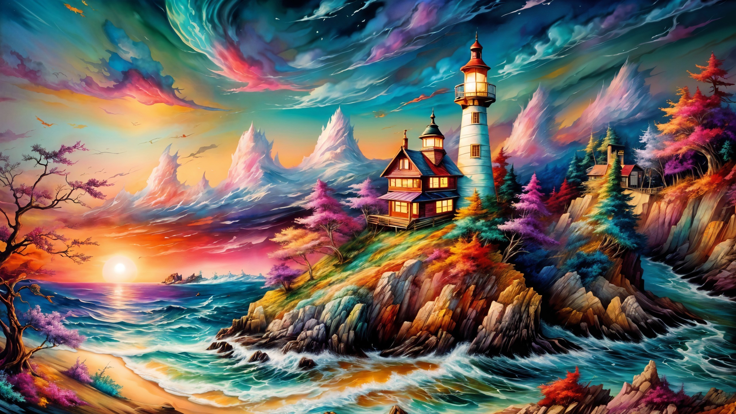 Vibrant Seascape with Lighthouse and Sunset Colors