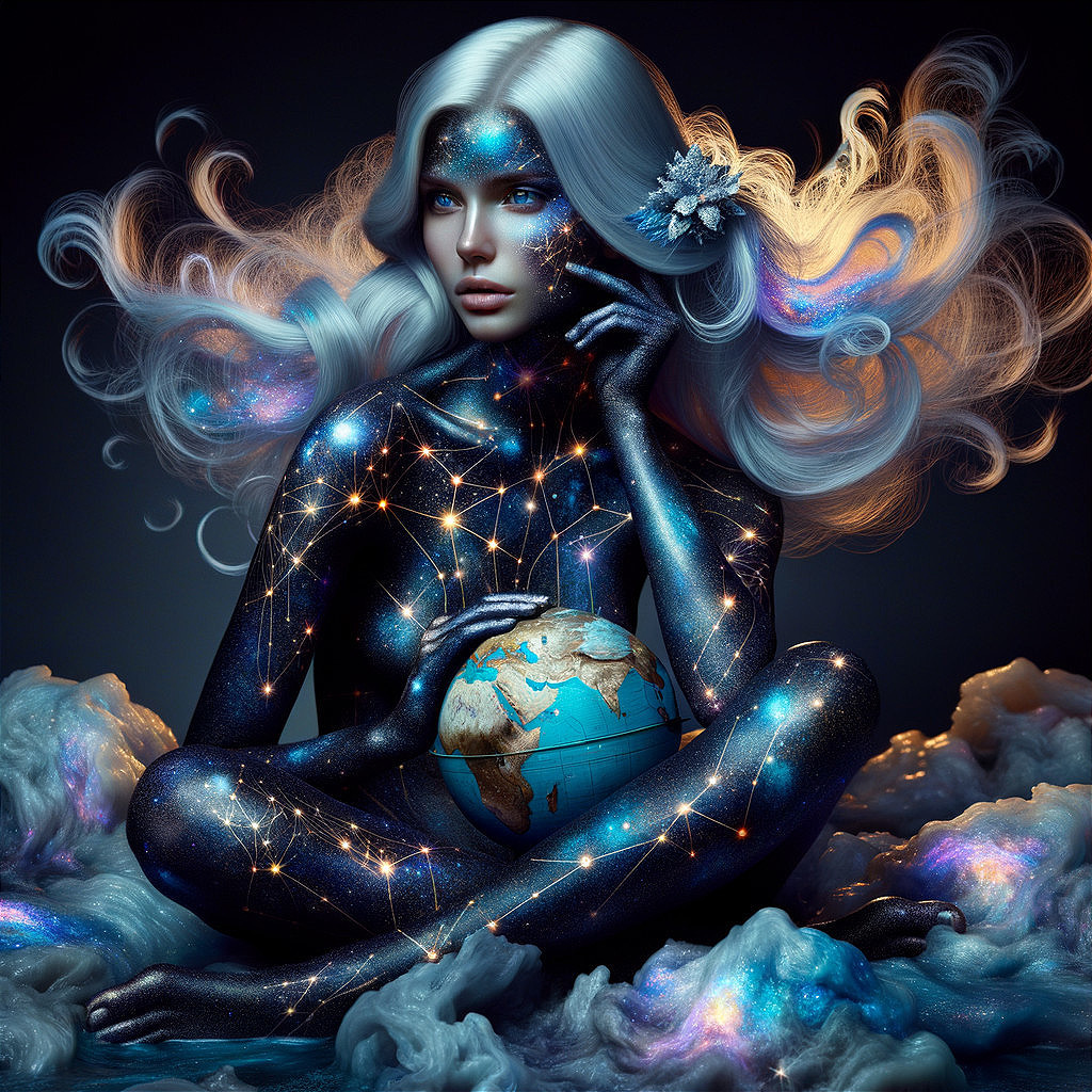 Starry figure holding globe in cosmic setting