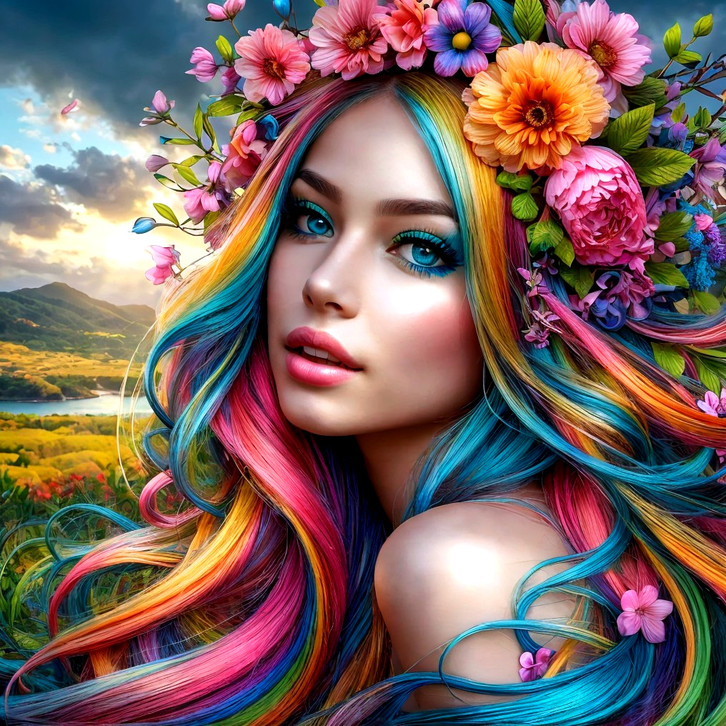 Young woman with rainbow hair in a vibrant landscape