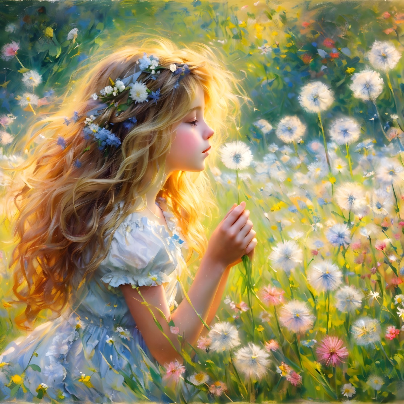 Young girl in flower-filled meadow holding dandelion puff