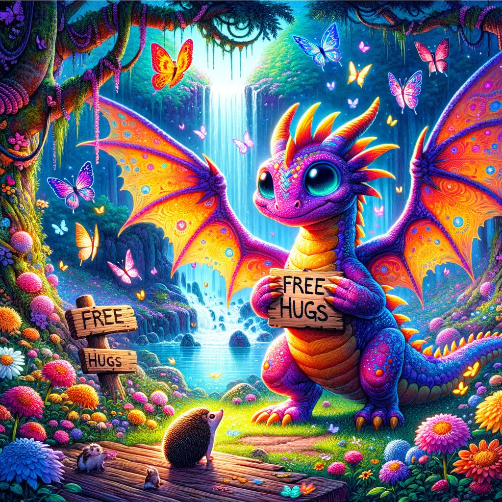 Vibrant Purple Dragon Offering Free Hugs in Forest Glade