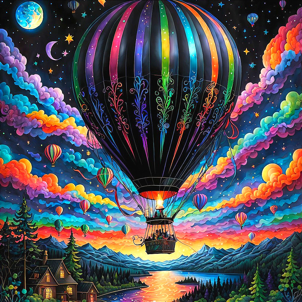 Colorful Hot Air Balloon in Dreamy Night Landscape