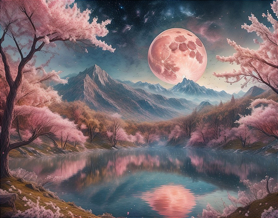 Vibrant Cherry Blossoms and Tranquil Lake at Night
