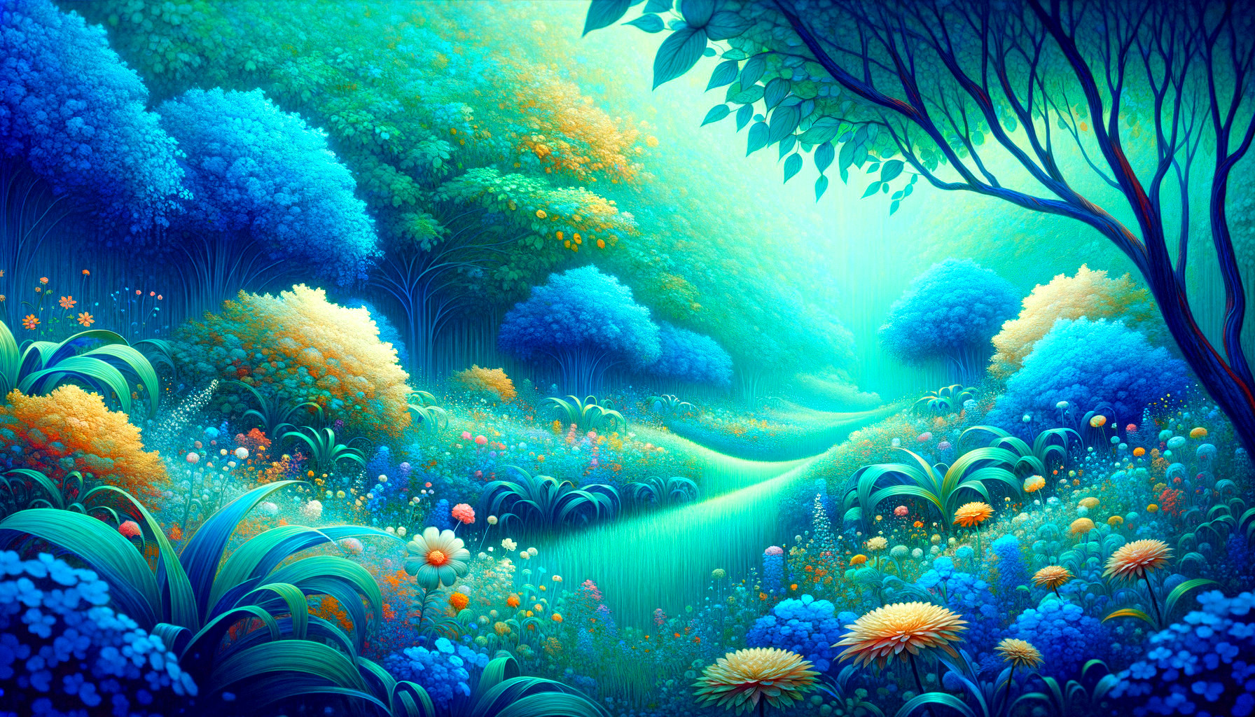 Vibrant Forest Scene with Colorful Foliage and Flowers