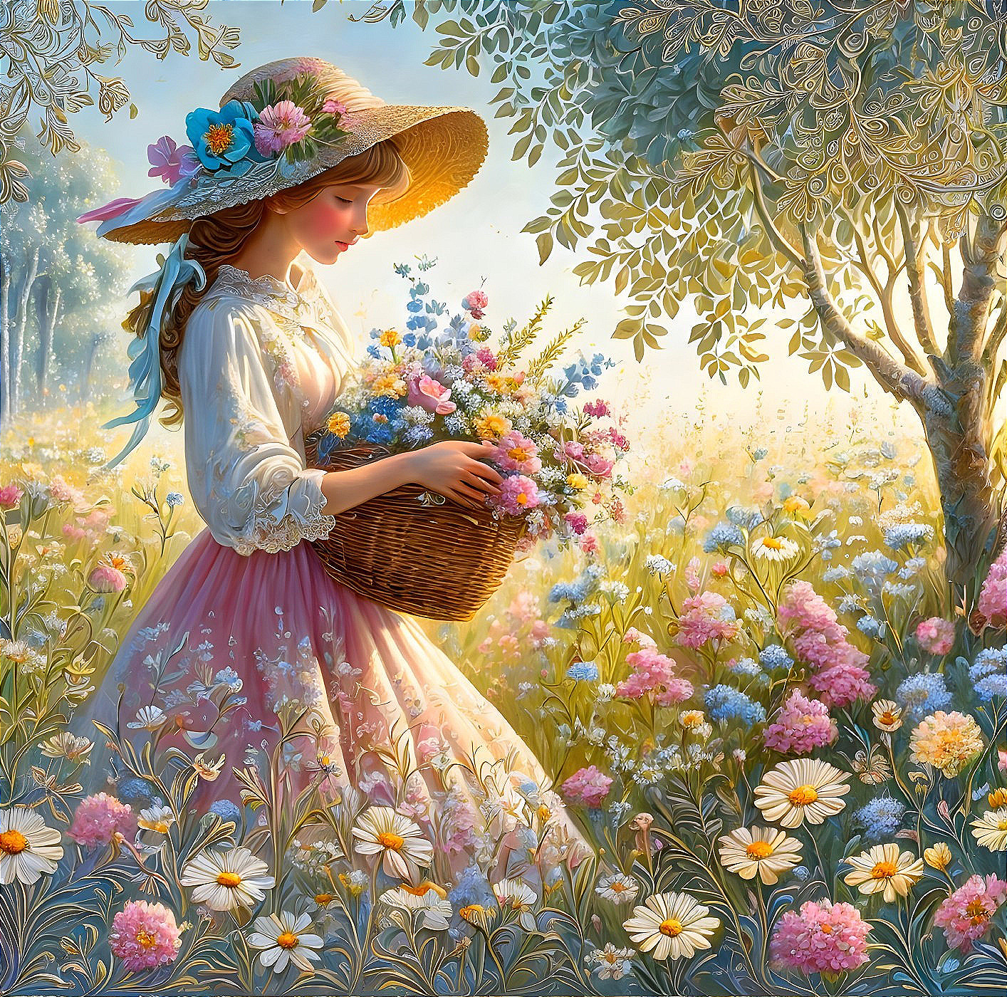 Young Woman in Pink Dress Gathers Flowers in Meadow