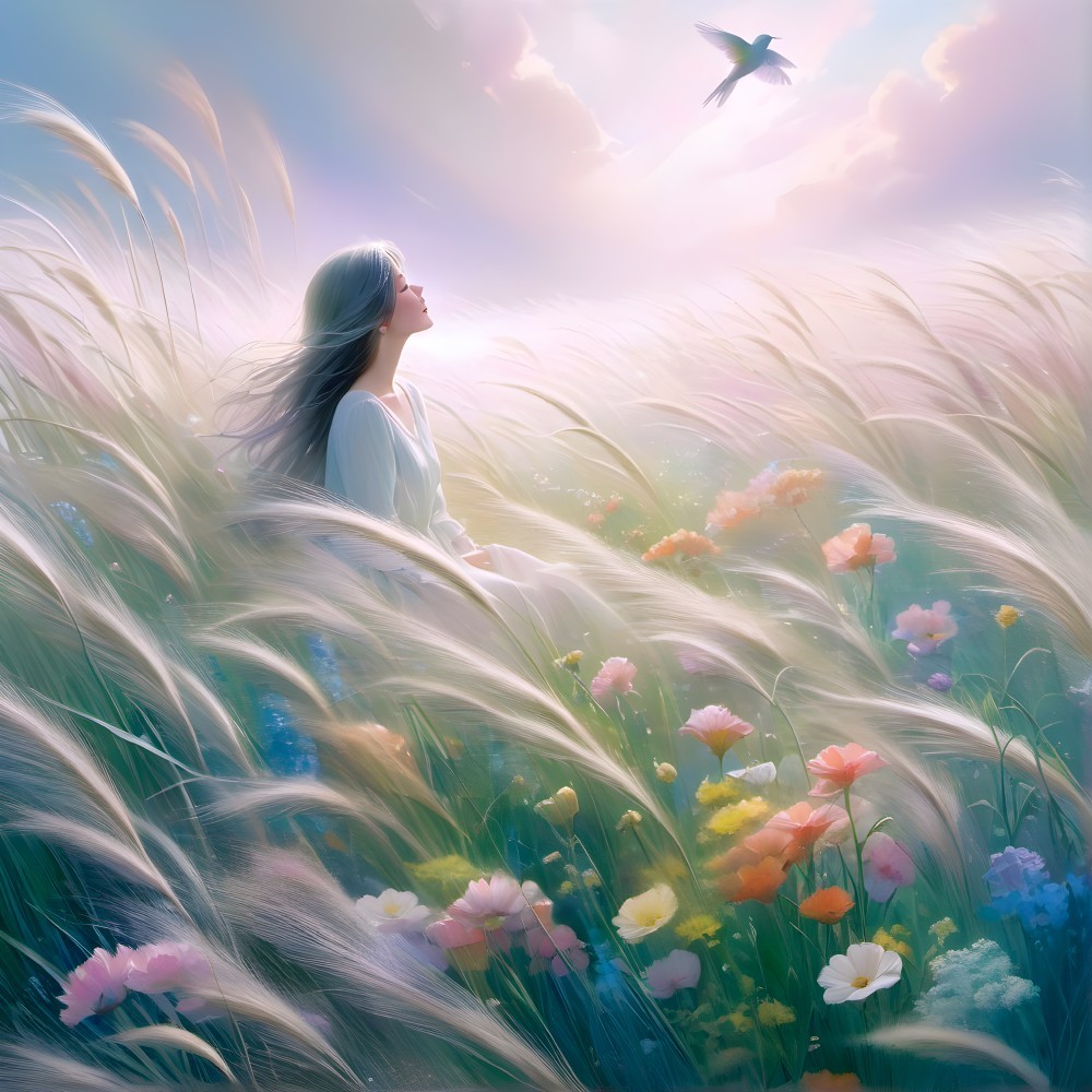 Young Woman in Colorful Wildflowers Under Soft Sunlight
