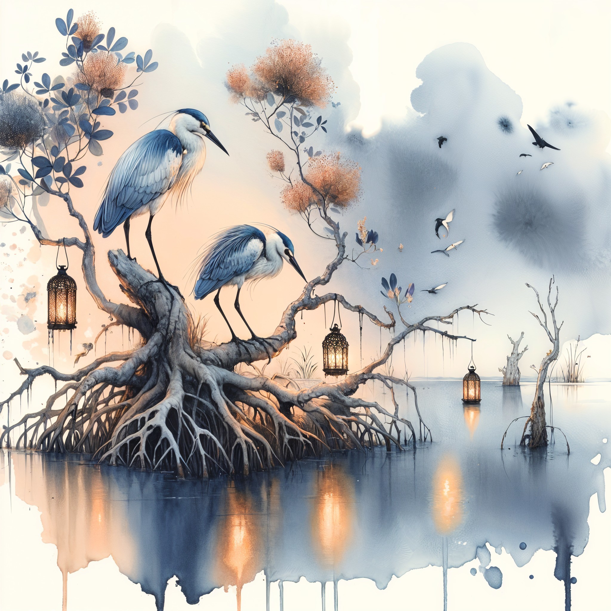 Herons on a Twisted Tree by Calm Water at Dawn