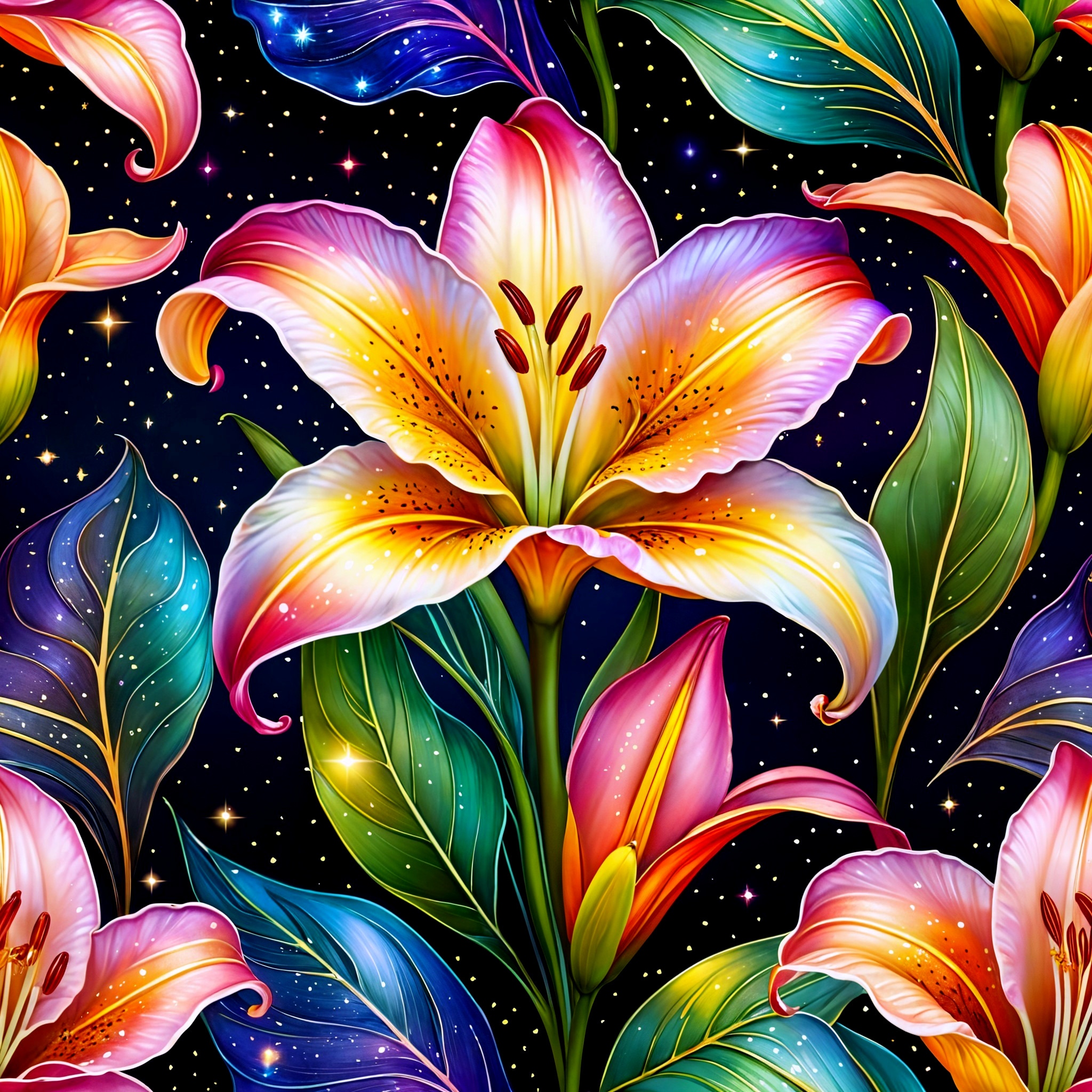 Vibrant Floral Pattern with Colorful Lilies and Leaves