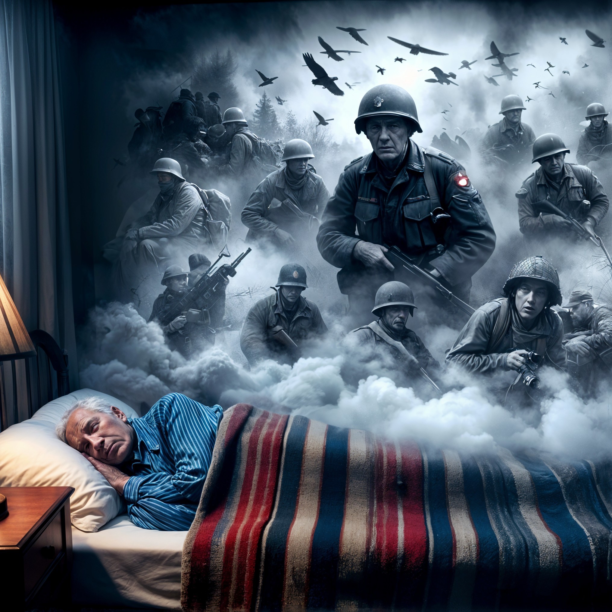 Elderly Man Sleeping Under Mural of WWII Soldiers