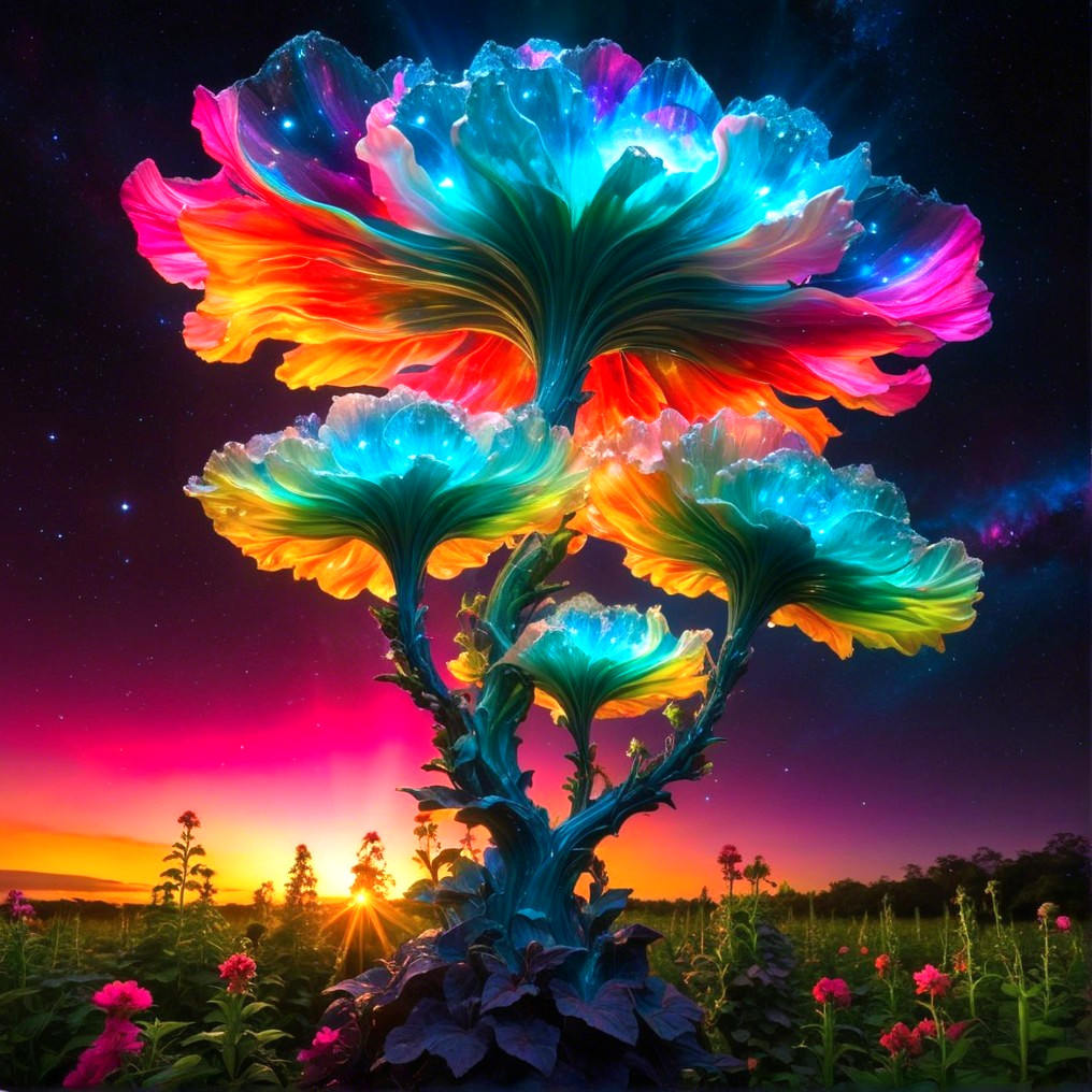 Luminous Oversized Flowers in a Surreal Garden Scene
