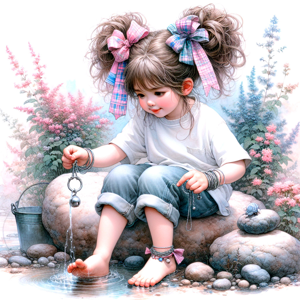 Young girl by serene pond with colorful flowers