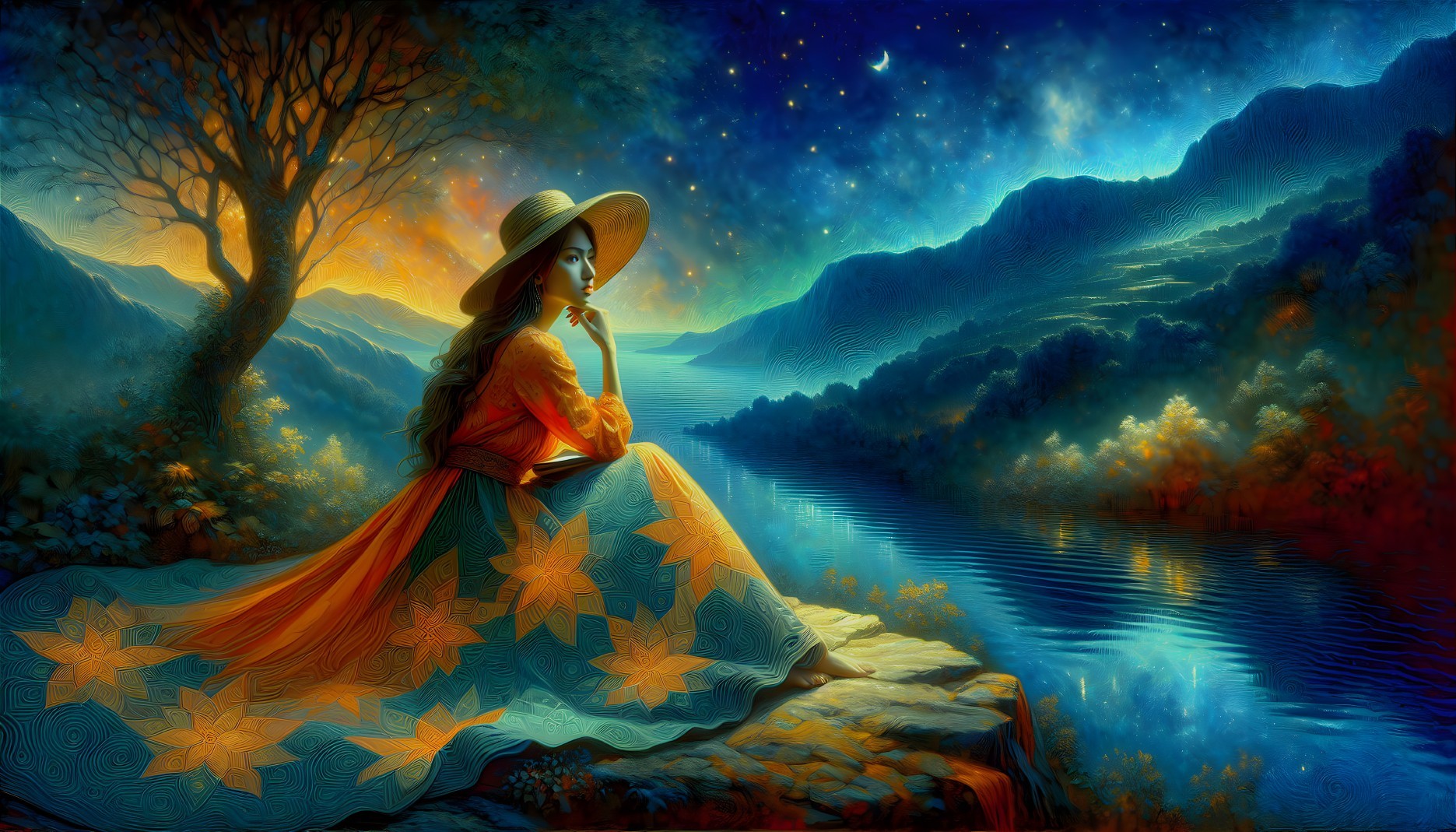 Contemplative Woman in Serene Twilight Landscape