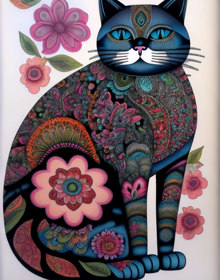Vibrant Cat with Floral Patterns on White Background