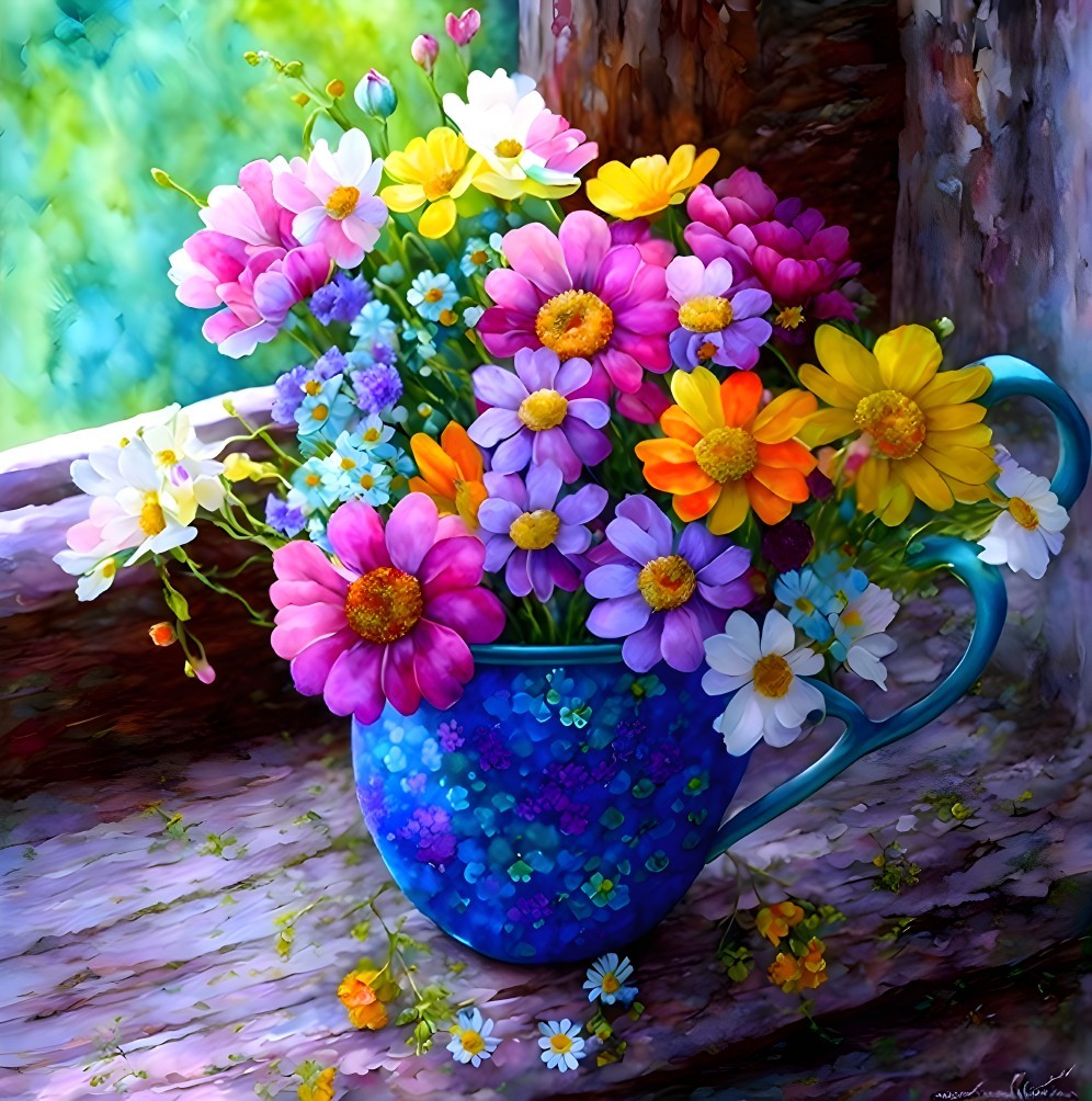 Multicolored Flower Bouquet in Blue Pitcher Against Forest Backdrop