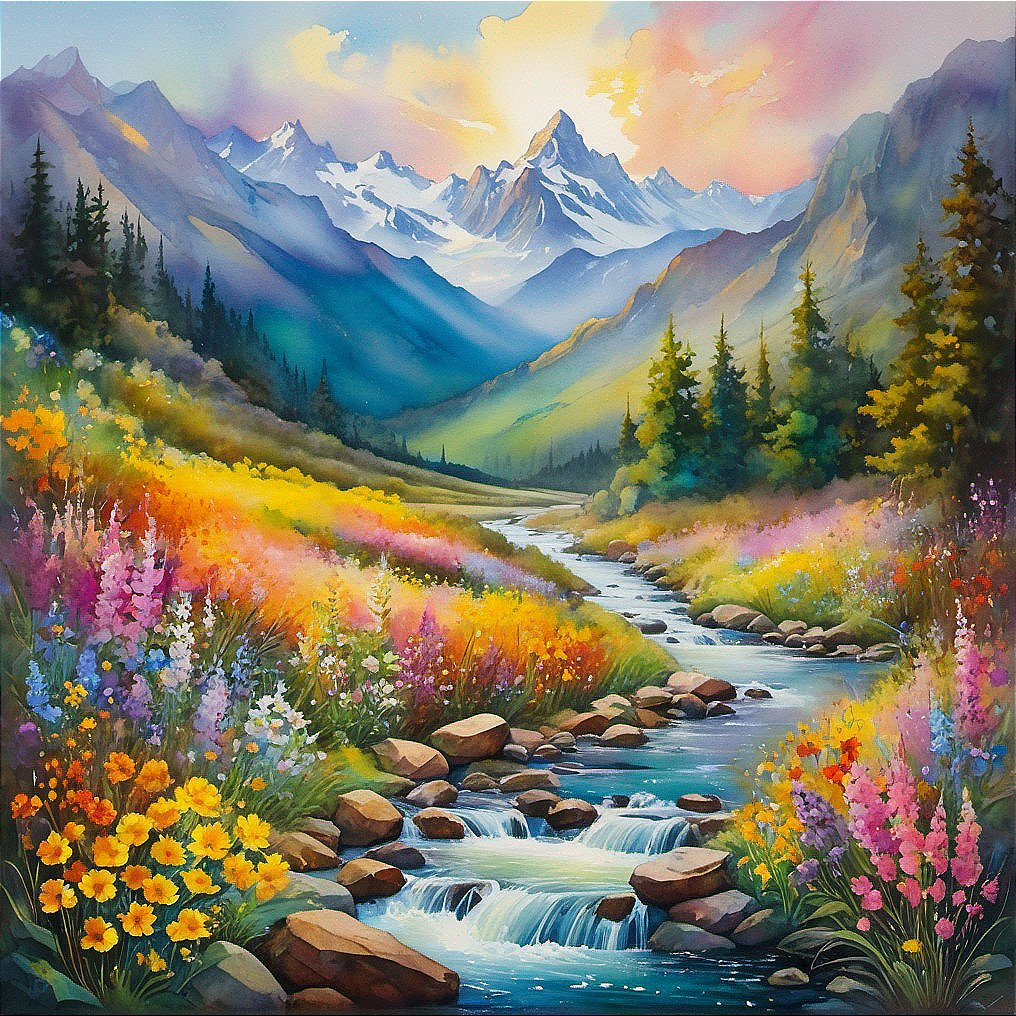 Colorful Mountain Landscape with River and Meadows