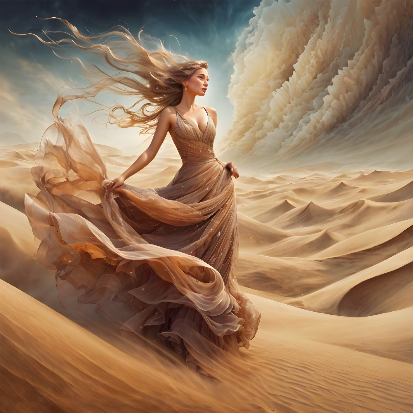 Woman in flowing gown in desert with billowing hair and dress under dramatic sky