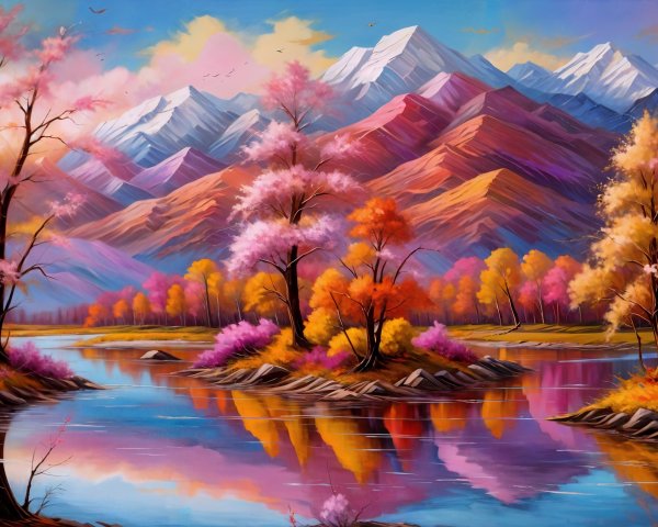 Vibrant Landscape with Autumn River and Mountains