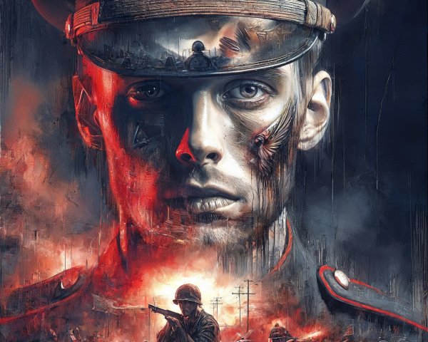 Portrait of a soldier with battle scars in war scene