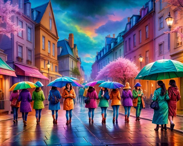 Vibrant Street Scene with Women and Cherry Blossoms