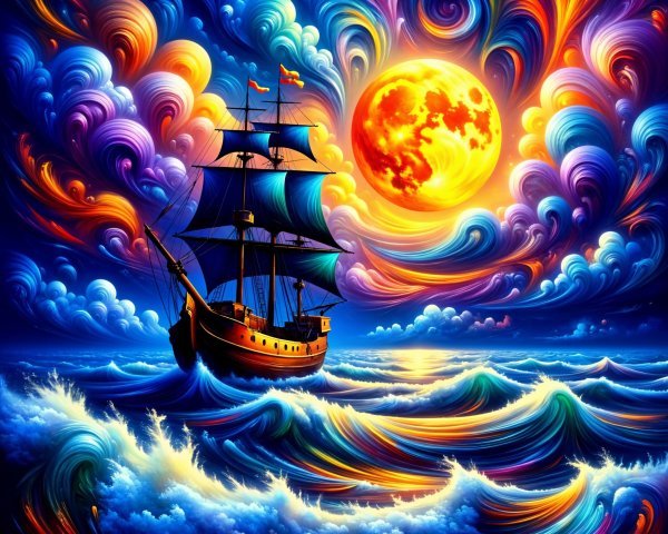 Vibrant Seascape with Majestic Ship and Colorful Sky